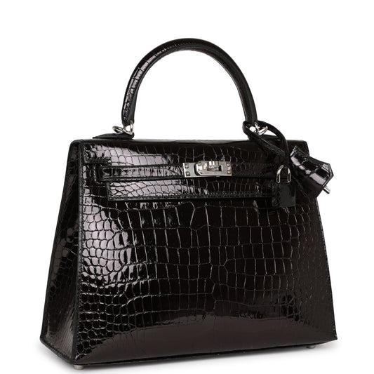 Hermes Kelly Sellier 25 Black Shiny Porosus Crocodile Palladium Hardware