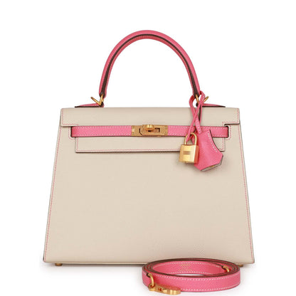 Hermes Special Order (HSS) Kelly Sellier 25 Craie and Rose Lipstick Epsom Brushed Gold Hardware