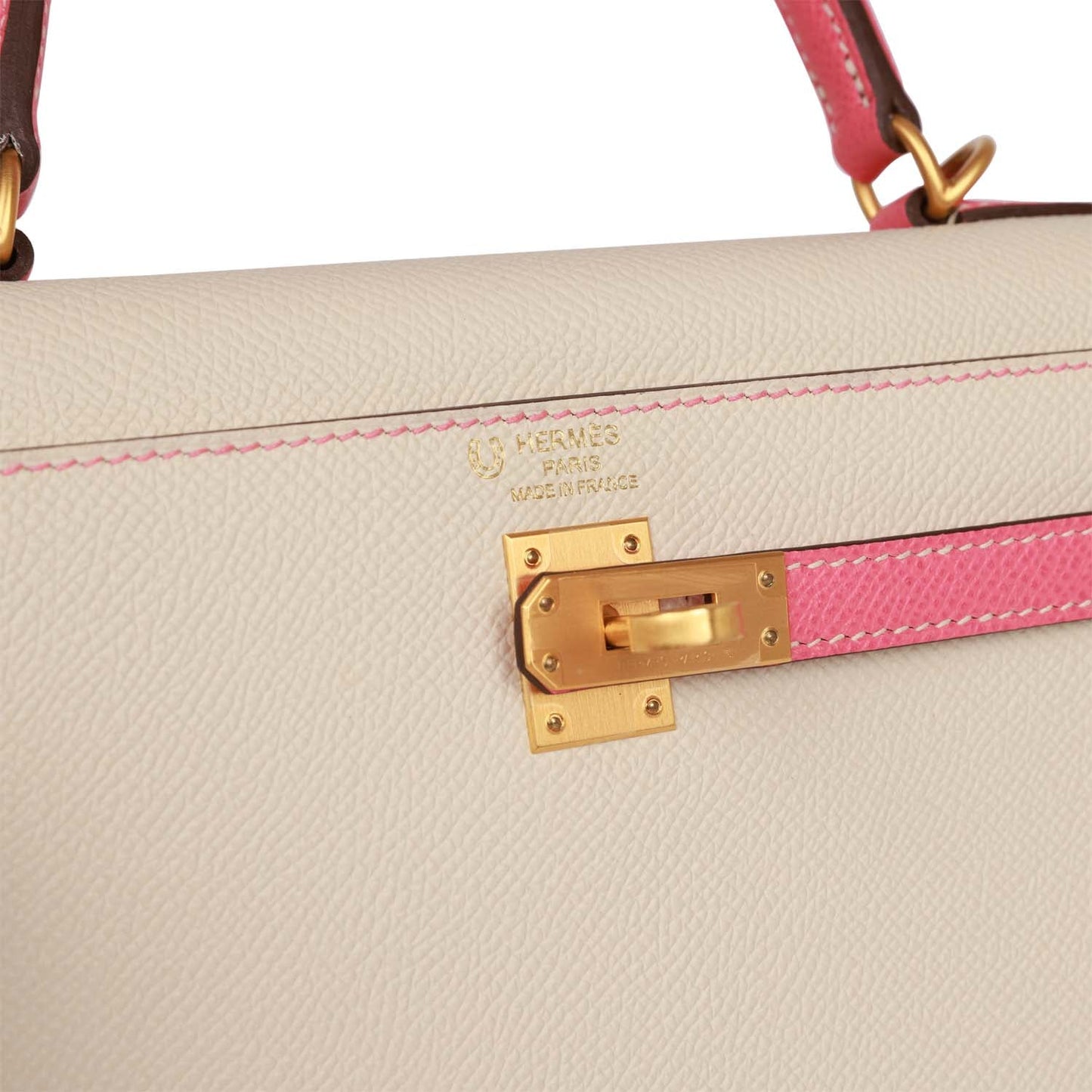 Hermes Special Order (HSS) Kelly Sellier 25 Craie and Rose Lipstick Epsom Brushed Gold Hardware