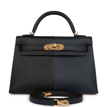 Hermes Kelly Sellier 20 Bleu Indigo, Black and Rouge H Casaque Epsom Gold Hardware