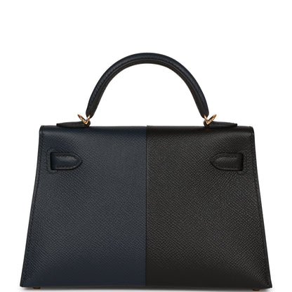 Hermes Kelly Sellier 20 Bleu Indigo, Black and Rouge H Casaque Epsom Gold Hardware