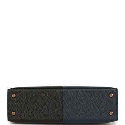 Hermes Kelly Sellier 20 Bleu Indigo, Black and Rouge H Casaque Epsom Gold Hardware