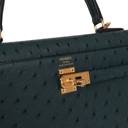 Hermes Kelly Sellier 25 Vert Cypress Ostrich Gold Hardware