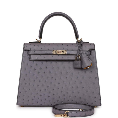 Hermes Special Order (HSS) Kelly Sellier 25 Gris Agate Verso Ostrich Permabrass Hardware