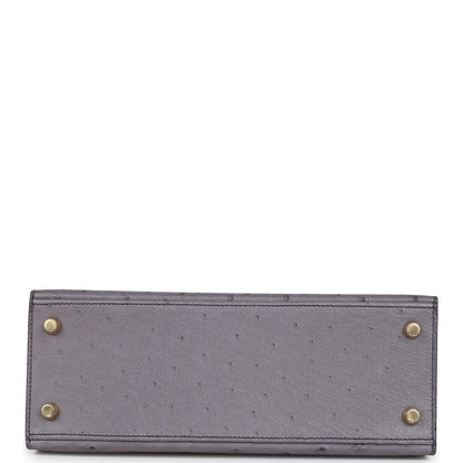 Hermes Special Order (HSS) Kelly Sellier 25 Gris Agate Verso Ostrich Permabrass Hardware