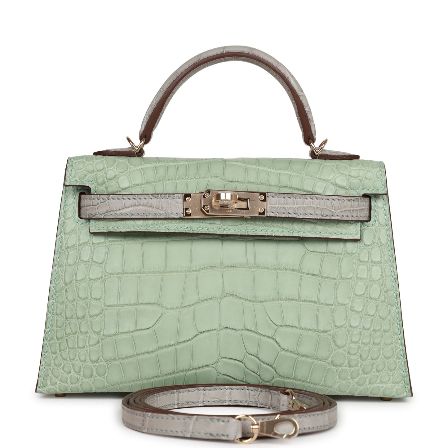 Hermes Special Order (HSS) Kelly Sellier 20 Vert D'eau and Gris Perle Matte Alligator Permabrass Hardware