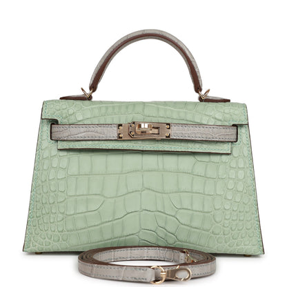 Hermes Special Order (HSS) Kelly Sellier 20 Vert D'eau and Gris Perle Matte Alligator Permabrass Hardware