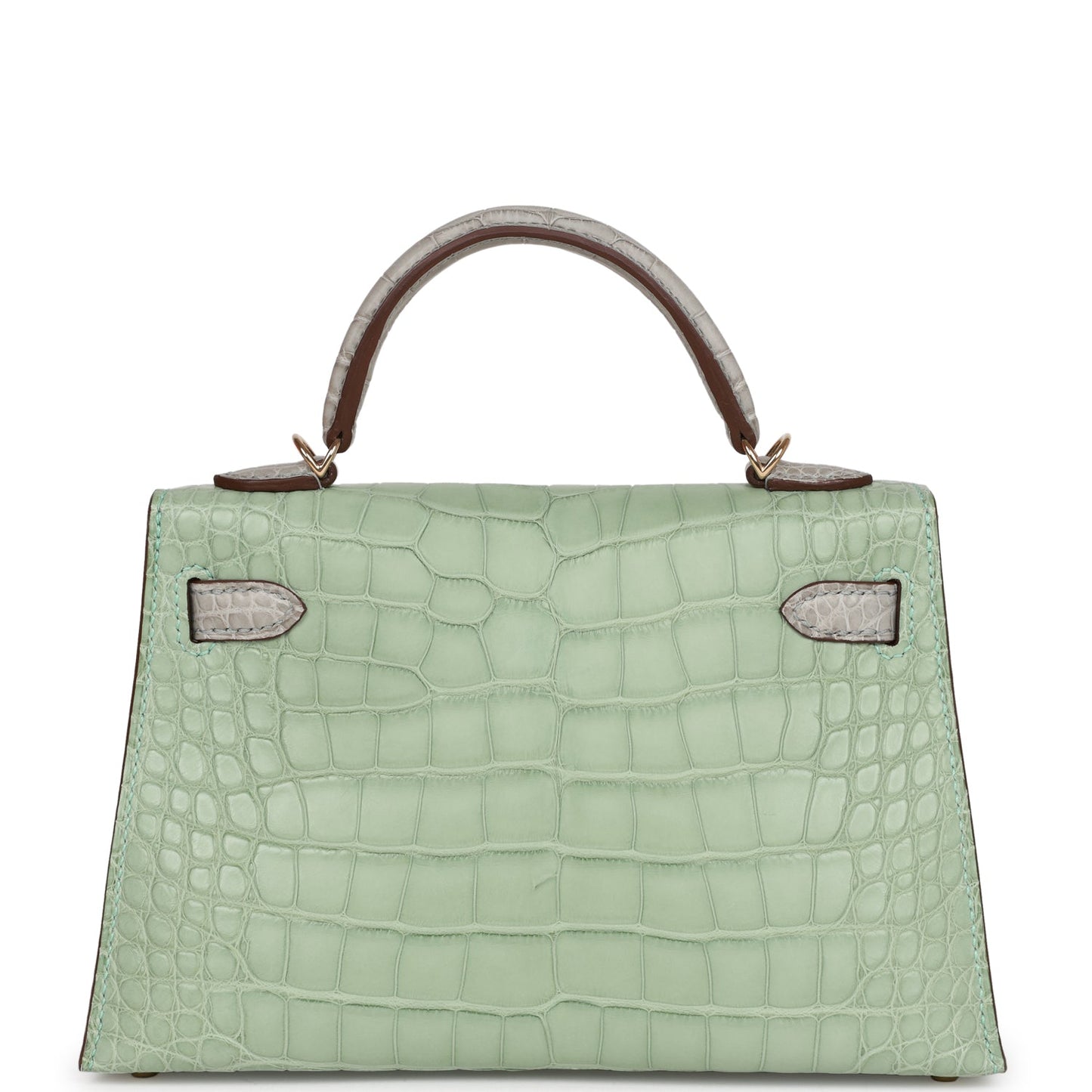 Hermes Special Order (HSS) Kelly Sellier 20 Vert D'eau and Gris Perle Matte Alligator Permabrass Hardware