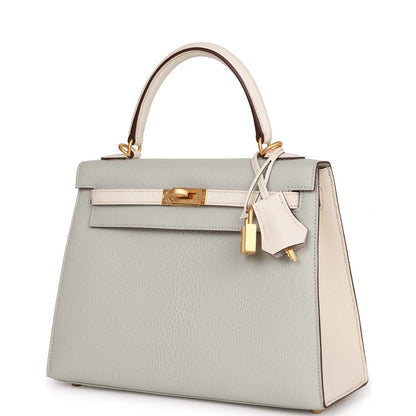 Hermes Special Order (HSS) Kelly Sellier 25 Gris Perle and Nata Chevre Brushed Gold Hardware