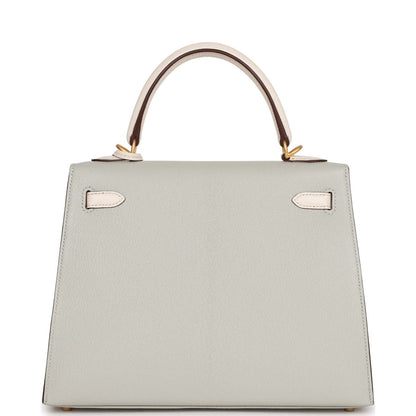 Hermes Special Order (HSS) Kelly Sellier 25 Gris Perle and Nata Chevre Brushed Gold Hardware