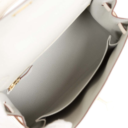 Hermes Special Order (HSS) Kelly Sellier 25 Gris Perle and Nata Chevre Brushed Gold Hardware