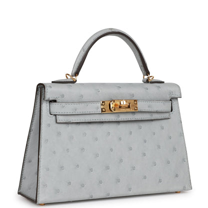 Hermes Kelly Sellier 20 Bleu Glacier Ostrich Gold Hardware