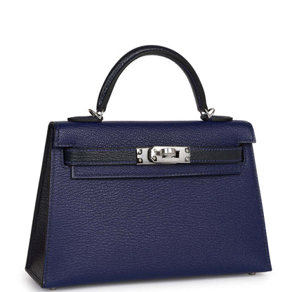 Hermes Special Order (HSS) Kelly Sellier 20 Bleu Encre and Bleu Indigo Chevre Mysore Palladium Hardware