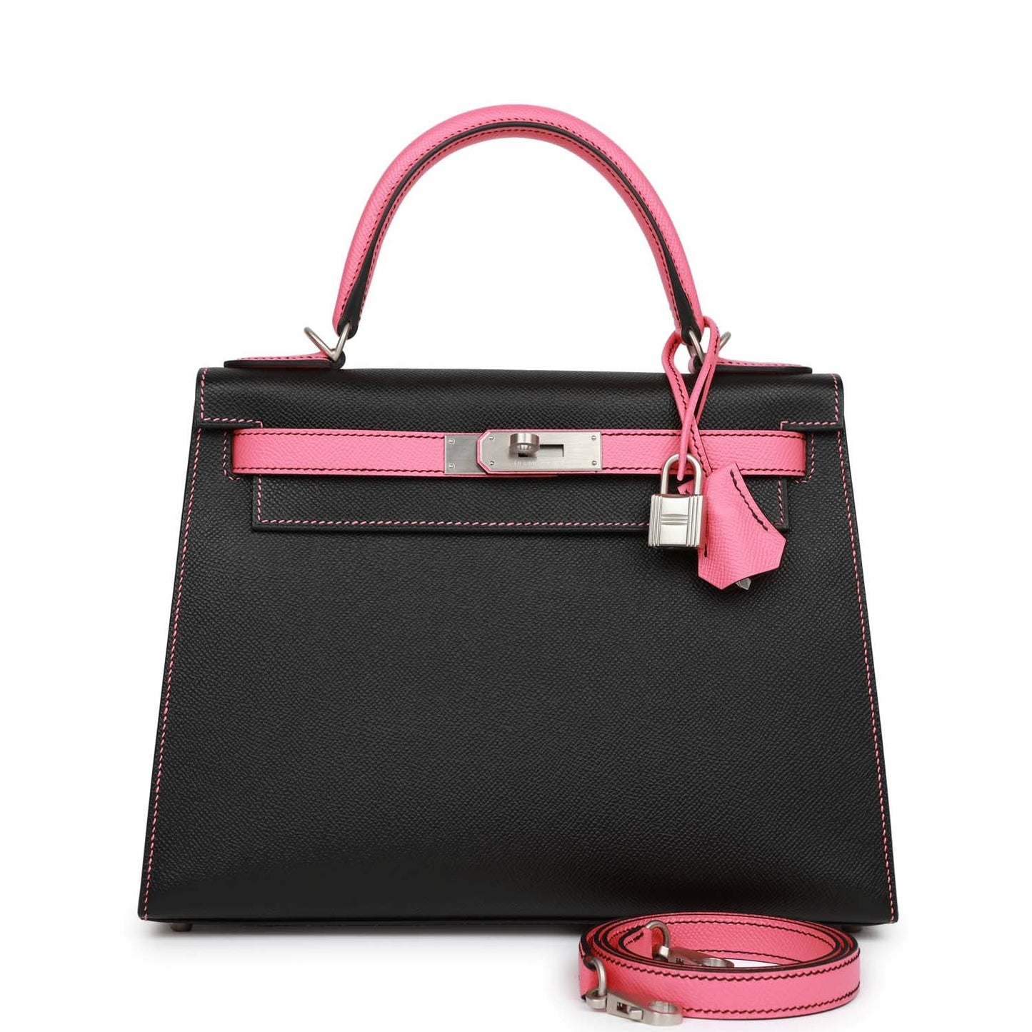 Hermes Special Order (HSS) Kelly Sellier 28 Black and Rose Azalee Epsom Brushed Palladium Hardware