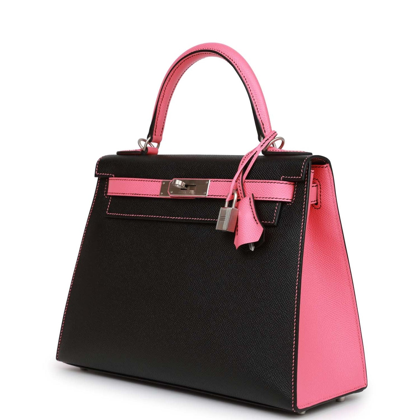 Hermes Special Order (HSS) Kelly Sellier 28 Black and Rose Azalee Epsom Brushed Palladium Hardware