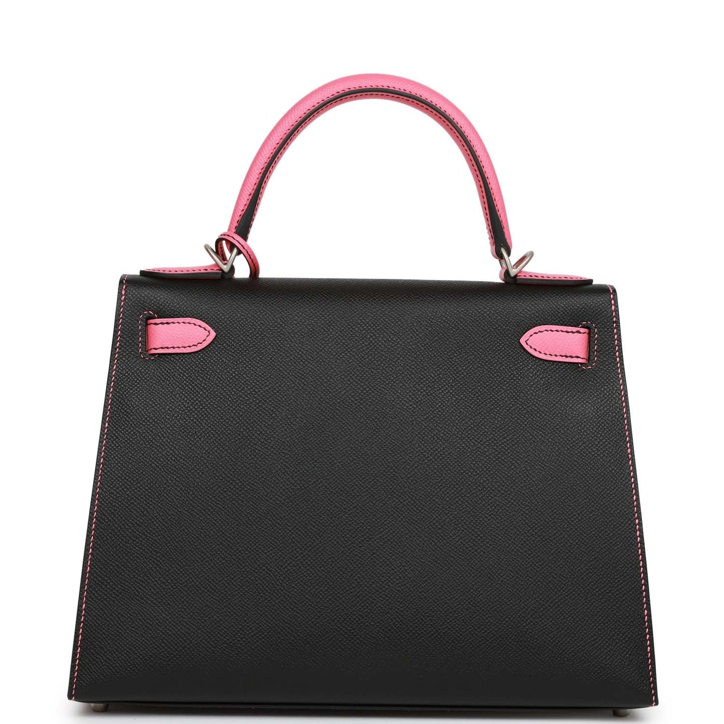 Hermes Special Order (HSS) Kelly Sellier 28 Black and Rose Azalee Epsom Brushed Palladium Hardware