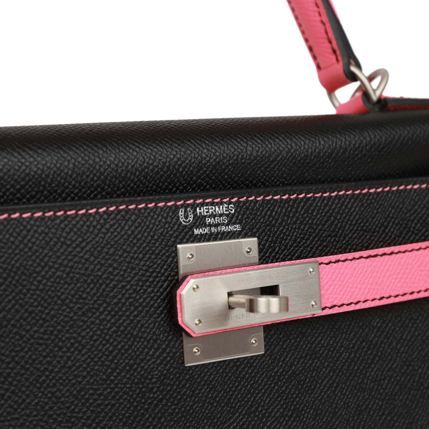 Hermes Special Order (HSS) Kelly Sellier 28 Black and Rose Azalee Epsom Brushed Palladium Hardware