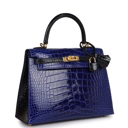 Hermes Special Order (HSS) Kelly Sellier 25 Bleu Electric and Bleu Marine Shiny Alligator Gold Hardware