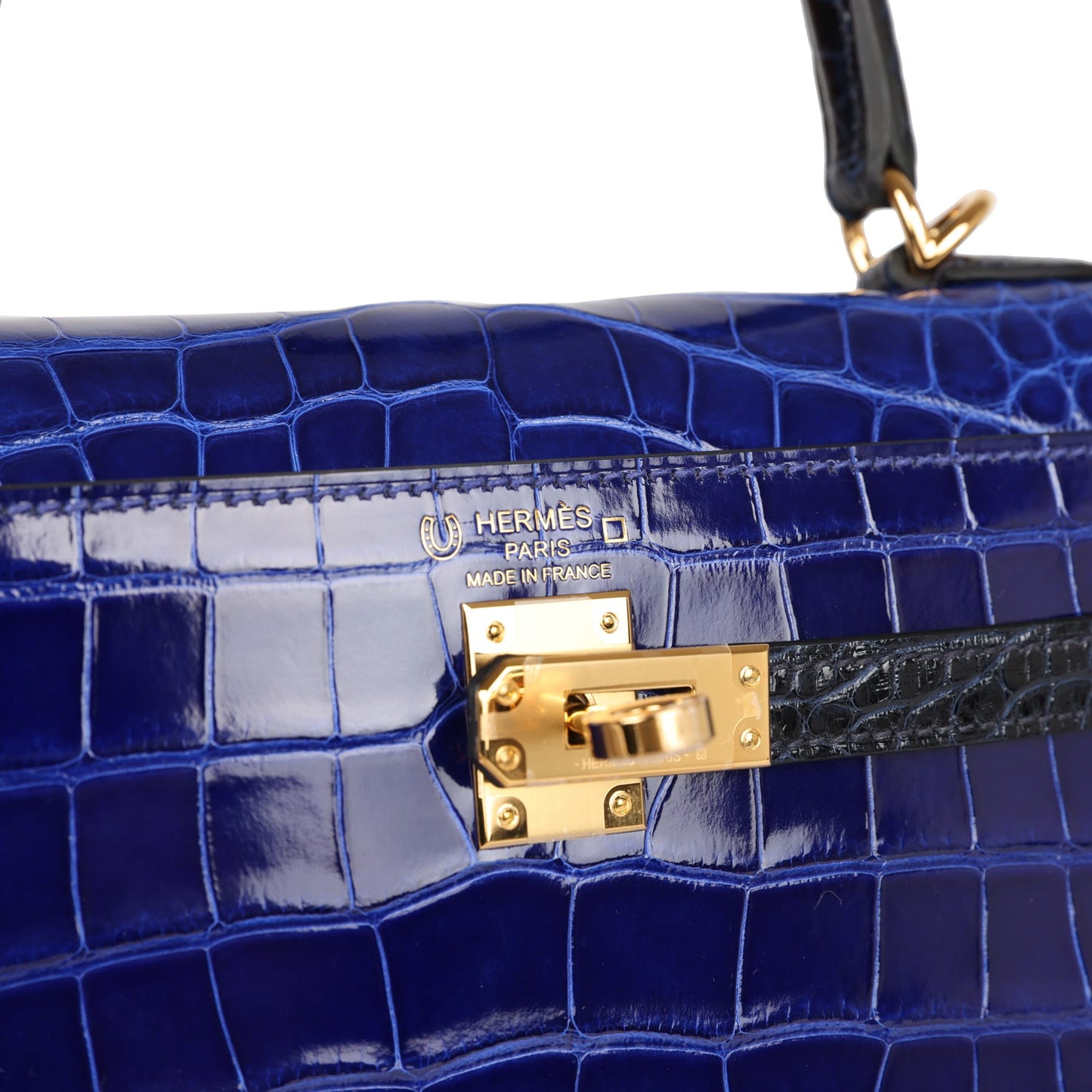 Hermes Special Order (HSS) Kelly Sellier 25 Bleu Electric and Bleu Marine Shiny Alligator Gold Hardware