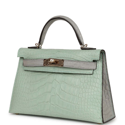 Hermes Special Order (HSS) Kelly Sellier 20 Vert D'Eau and Gris Perle Matte Alligator Permabrass Hardware