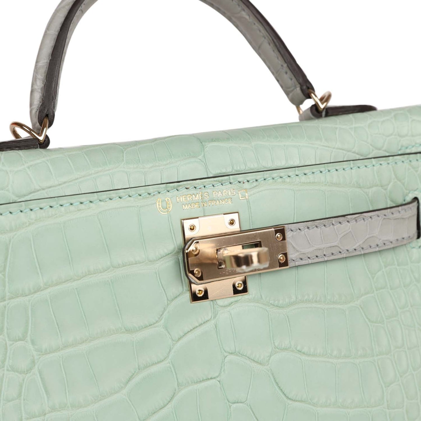 Hermes Special Order (HSS) Kelly Sellier 20 Vert D'Eau and Gris Perle Matte Alligator Permabrass Hardware