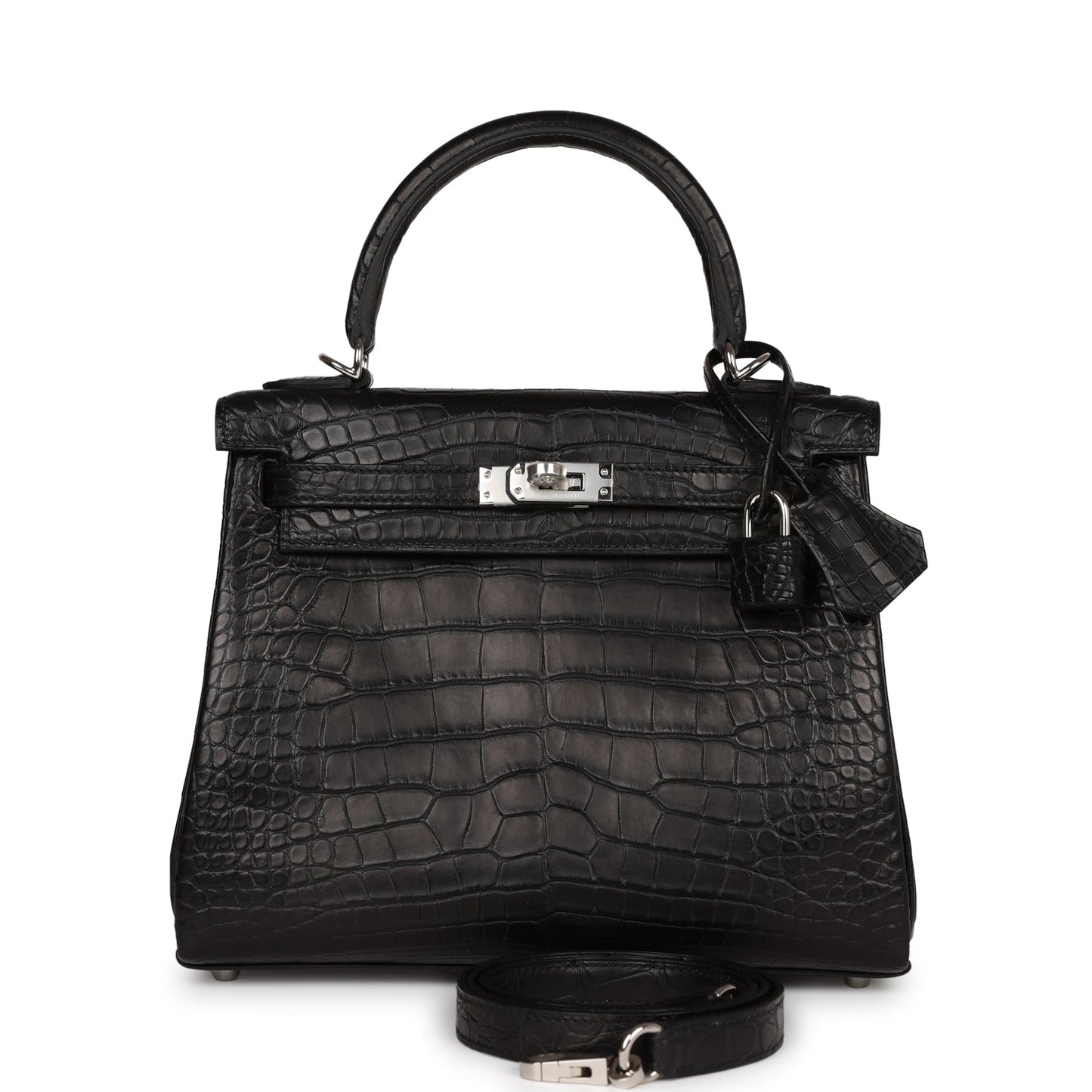 Hermes Kelly Retourne 25 Black Matte Alligator Palladium Hardware