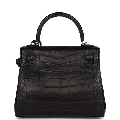 Hermes Kelly Retourne 25 Black Matte Alligator Palladium Hardware