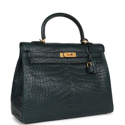 Hermes Special Order (HSS) Kelly Retourne 35 Vert Fonce Matte Alligator Brushed Gold Hardware