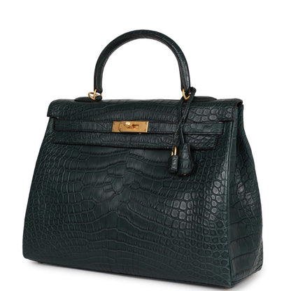 Hermes Special Order (HSS) Kelly Retourne 35 Vert Fonce Matte Alligator Brushed Gold Hardware