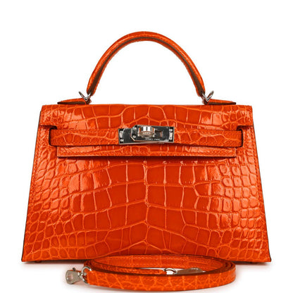 Hermes Kelly Sellier 20 Orange Poppy Shiny Alligator Palladium Hardware