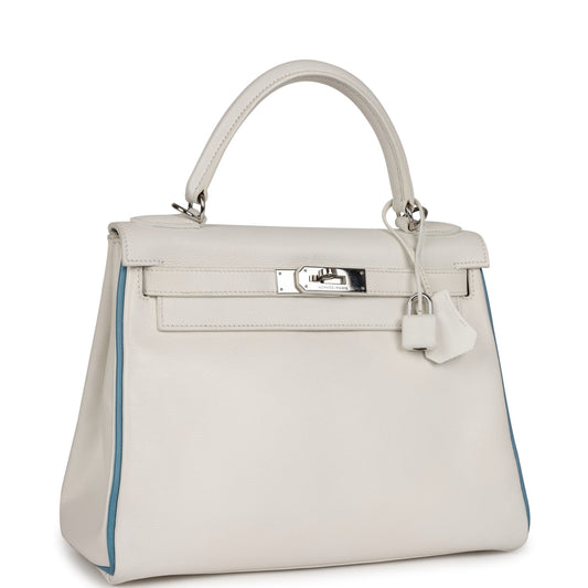 Hermes Bi-color Kelly Retourne 28 White and Blue Jean Epsom Palladium Hardware