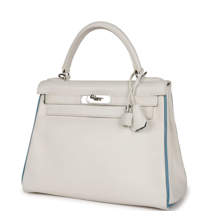 Hermes Bi-color Kelly Retourne 28 White and Blue Jean Epsom Palladium Hardware