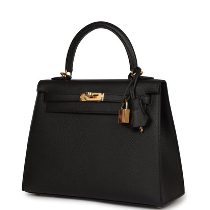 Hermes Kelly Sellier 25 Black Epsom Gold Hardware