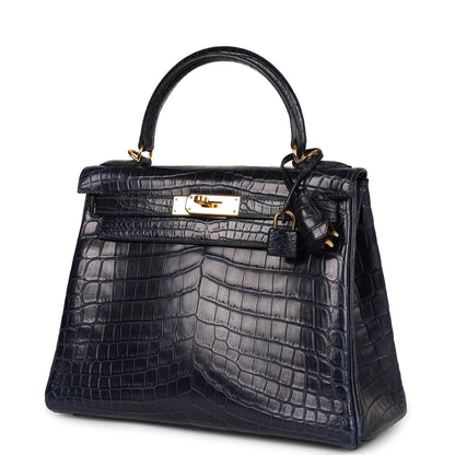 Hermes Kelly Retourne 28 Bleu Indigo Matte Niloticus Crocodile Gold Hardware