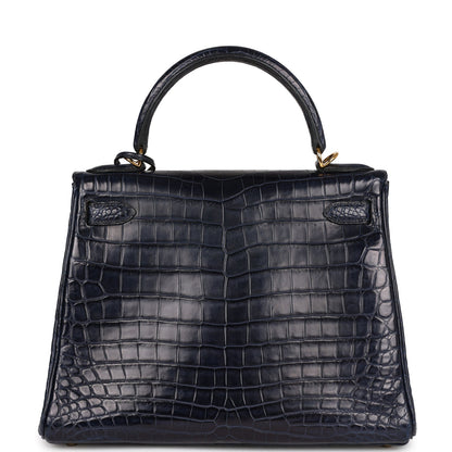 Hermes Kelly Retourne 28 Bleu Indigo Matte Niloticus Crocodile Gold Hardware