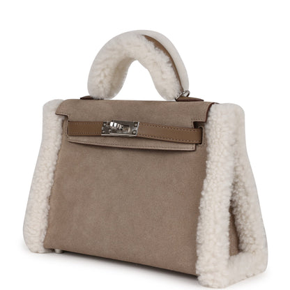 Hermes Teddy Kelly 20 Etoupe Shearling and Swift Palladium Hardware