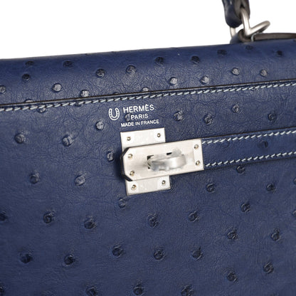 Hermes Special Order (HSS) Kelly Sellier 25 Bleu Iris Verso Ostrich Brushed Palladium Hardware