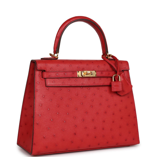 Hermes Special Order (HSS) Kelly Sellier 25 Rouge Vif Verso Ostrich Gold Hardware