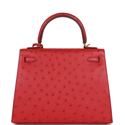 Hermes Special Order (HSS) Kelly Sellier 25 Rouge Vif Verso Ostrich Gold Hardware