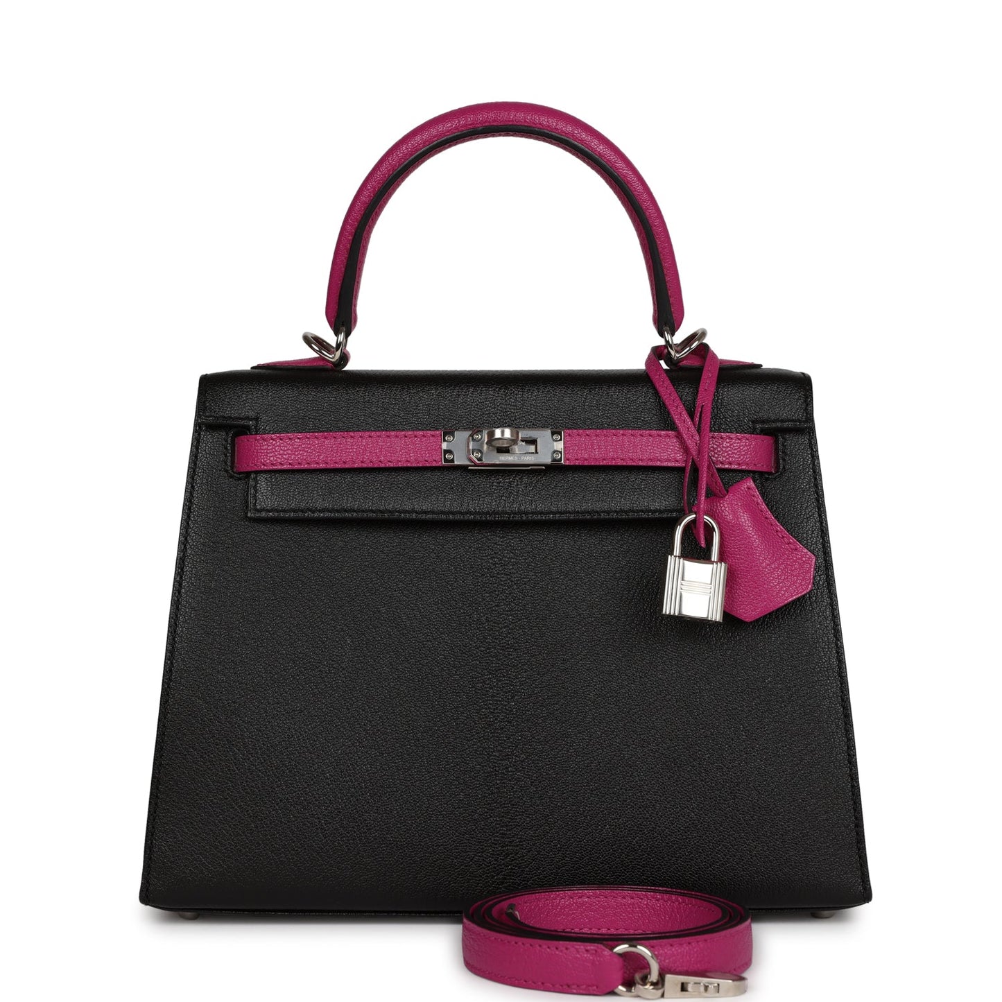 Hermes Special Order (HSS) Kelly Sellier 25 Black and Rose Pourpre Chevre Palladium Hardware