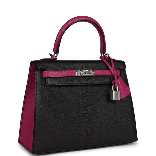 Hermes Special Order (HSS) Kelly Sellier 25 Black and Rose Pourpre Chevre Palladium Hardware