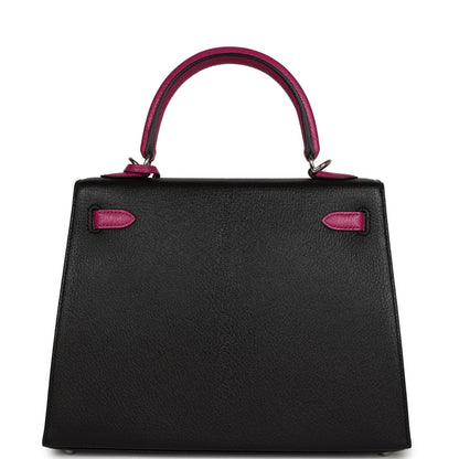 Hermes Special Order (HSS) Kelly Sellier 25 Black and Rose Pourpre Chevre Palladium Hardware