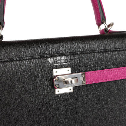 Hermes Special Order (HSS) Kelly Sellier 25 Black and Rose Pourpre Chevre Palladium Hardware