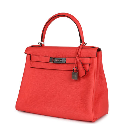 Hermes Kelly Retourne 28 Rose Texas Clemence Palladium Hardware