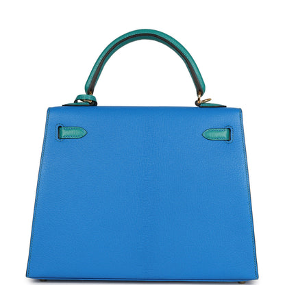 Hermes Special Order (HSS) Kelly Sellier 25 Bleu Hydra and Bleu Paon Chevre Mysore Gold Hardware