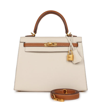 Hermes Special Order (HSS) Kelly Sellier 25 Craie and Gold Epsom Brushed Gold Hardware