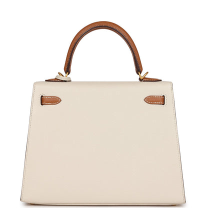 Hermes Special Order (HSS) Kelly Sellier 25 Craie and Gold Epsom Brushed Gold Hardware