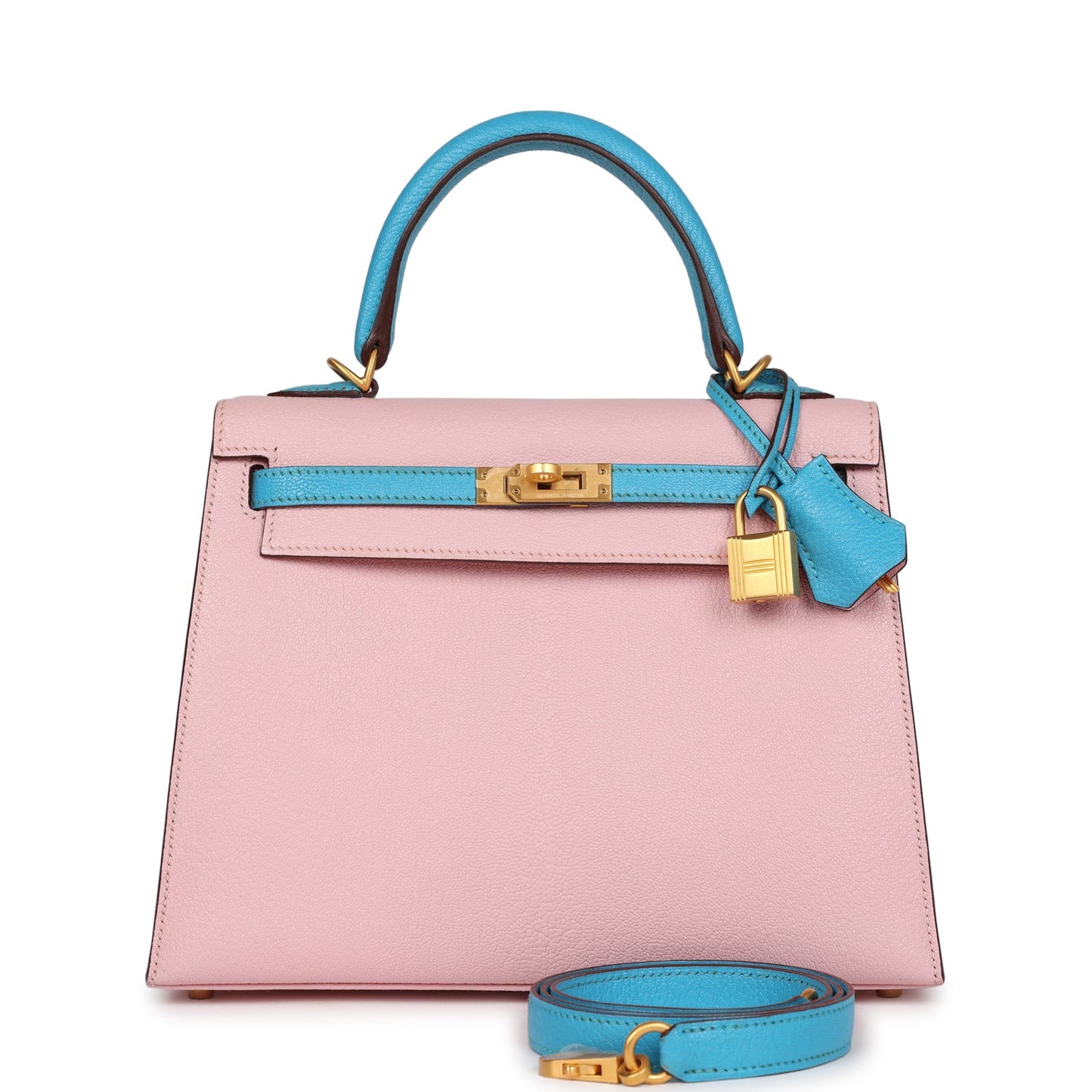 Hermes Special Order (HSS) Kelly Sellier 25 Rose Sakura and Bleu Aztec Chevre Brushed Gold Hardware