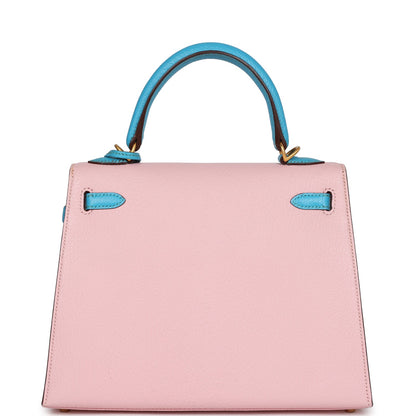 Hermes Special Order (HSS) Kelly Sellier 25 Rose Sakura and Bleu Aztec Chevre Brushed Gold Hardware