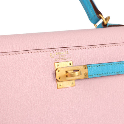 Hermes Special Order (HSS) Kelly Sellier 25 Rose Sakura and Bleu Aztec Chevre Brushed Gold Hardware